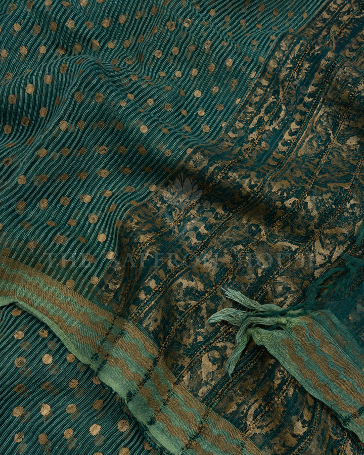 Sea Blue Handwoven Tussar Organza Saree With Golden Zari Stripes - TSH2506078-view4