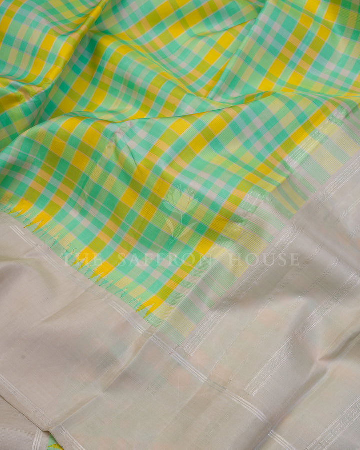 Handloom Kattam  Kanjivaram Silk Saree in Mint Green, Lemon Yellow And Greige - TSH6067