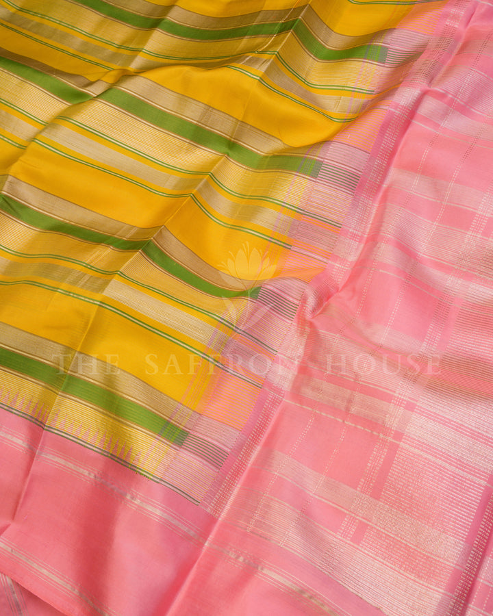 Handloom Kanjivaram Silk Saree in Yellow and Peach  - TSH250195