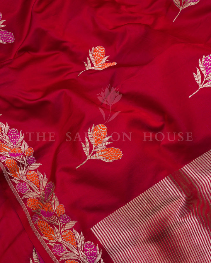 Ruby Red Velvet-Finish Mashru Banarasi Saree with Pashmina-Inspired Floral Border