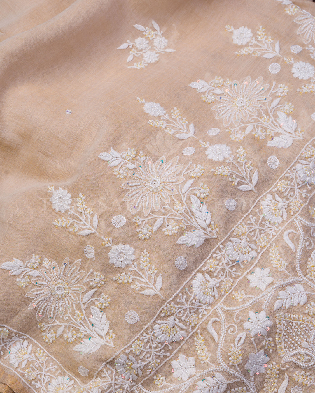 Beige Chikankari Muslin Cotton Saree with Hand Embroidered Floral Motifs and Sequins
