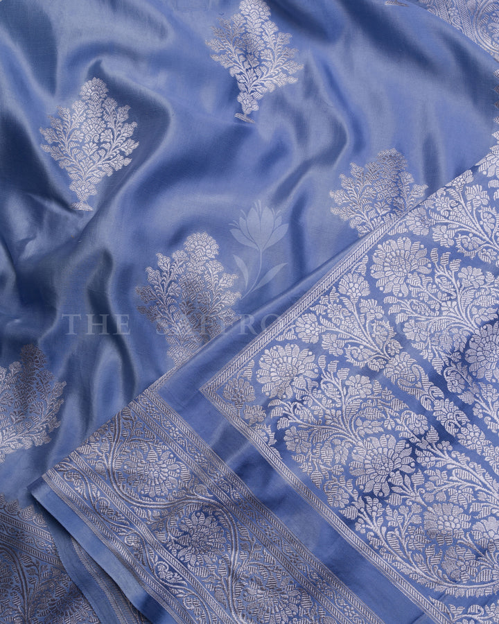 Sky Blue Mashru Banarasi Saree with Ivory Zari Floral Jaal and Vase Butas