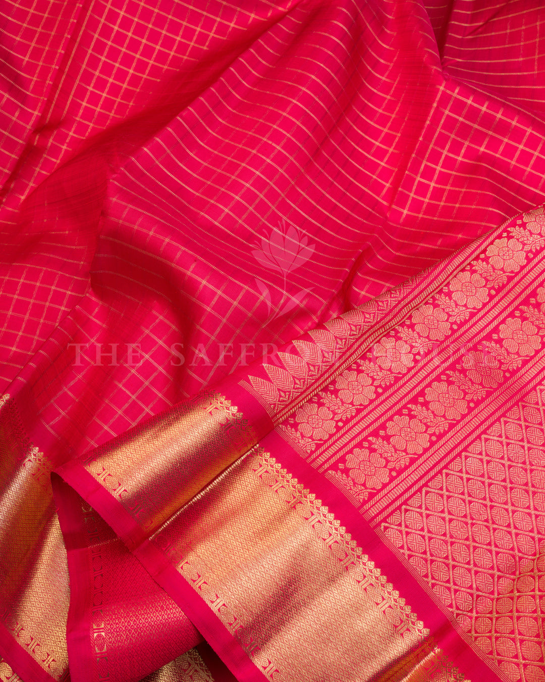 Classic Red Checked Pure Kanchipuram Silk Saree with Gold Zari Border - TSH250115