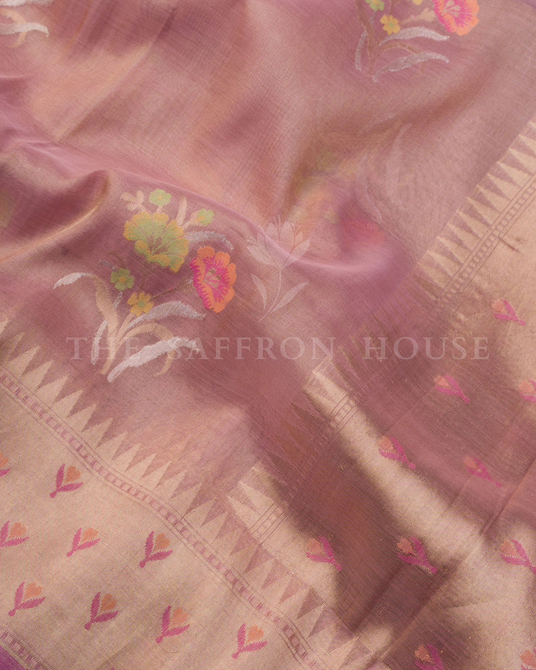 Dusty Rose Kora Banarasi Saree with Paithani-Inspired Border and Pastel Floral Motifs