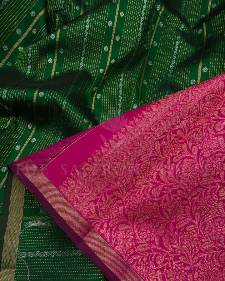 Bottle Green And Magenta Pink Border Handwoven Kanjivaram Silk Saree - TSH2506214
