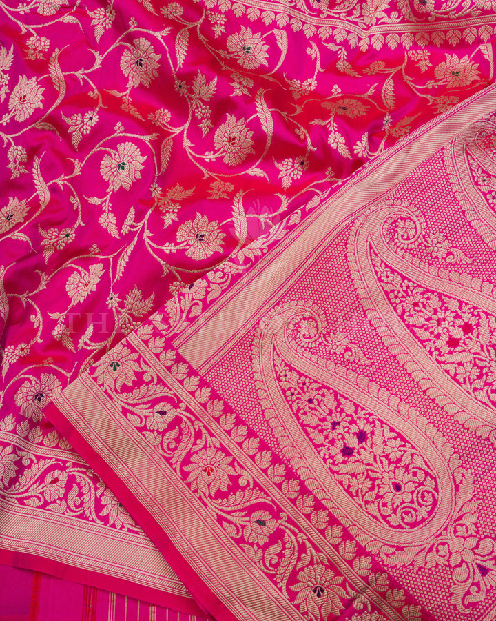 Half Kora Half Silk Banarasi Saree in Red and Rani Pink with Zari Paisley Border