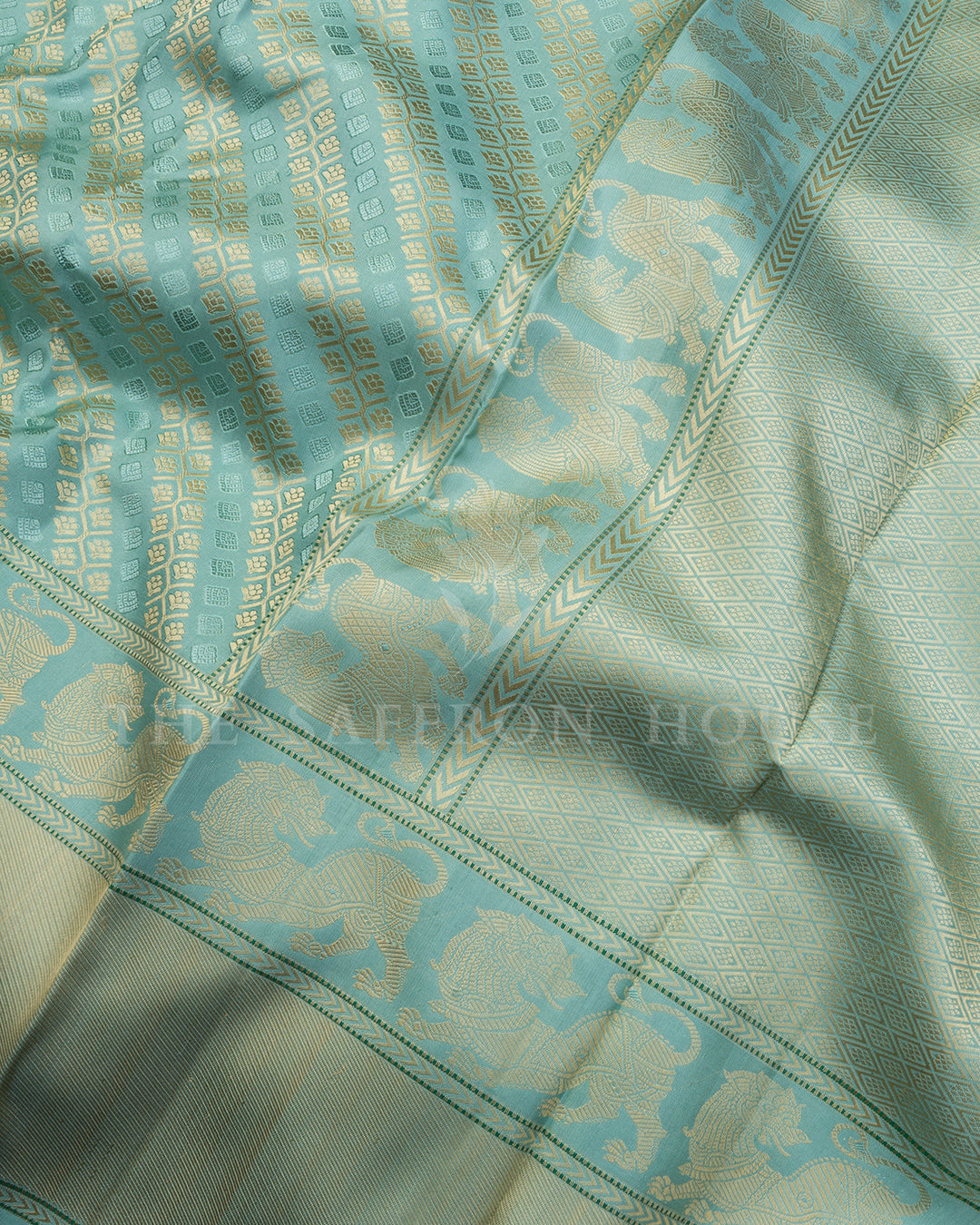 Sea Green Thread Work Kanchivaram Saree with Yali Motif Border