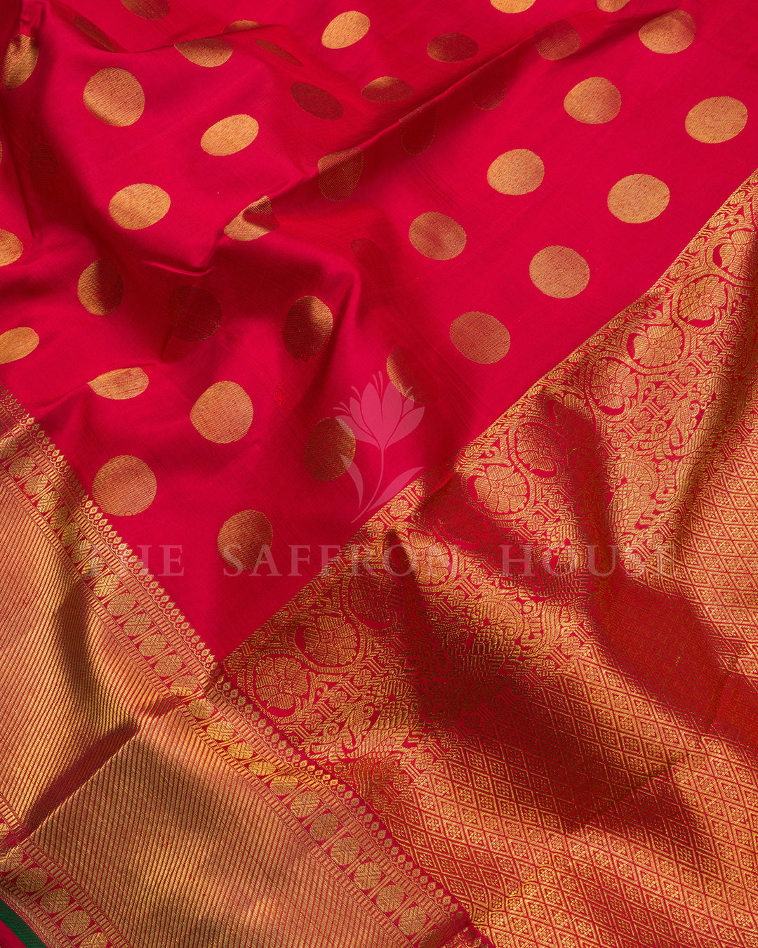 Red Kanchivaram Silk Saree with Gold Zari Buttas & Peacock Border