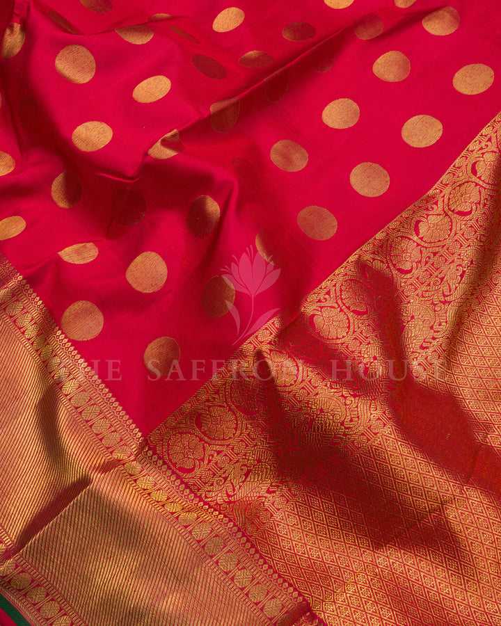 Red Kanchivaram Silk Saree with Gold Zari Buttas & Peacock Border