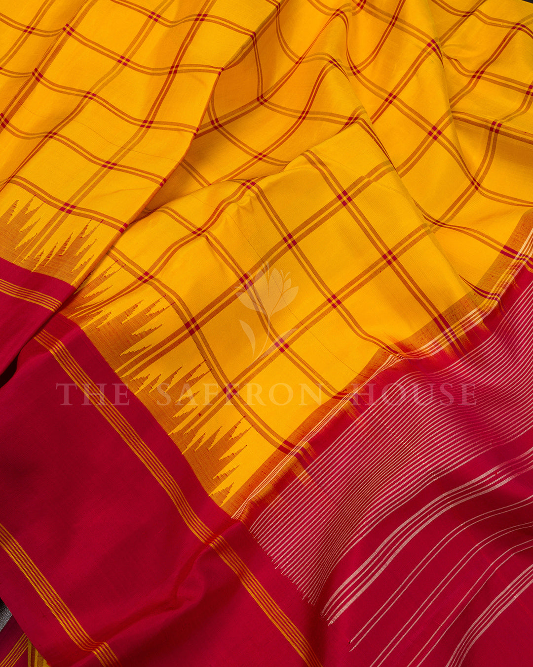 Yellow Kanchivaram Silk Saree with Red Korvai Border & Checked Body