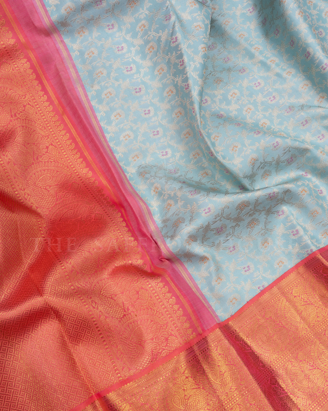Sky Blue And Orangish Pink Handwoven Kanjivaram Silk Saree - TSH2506033-View4