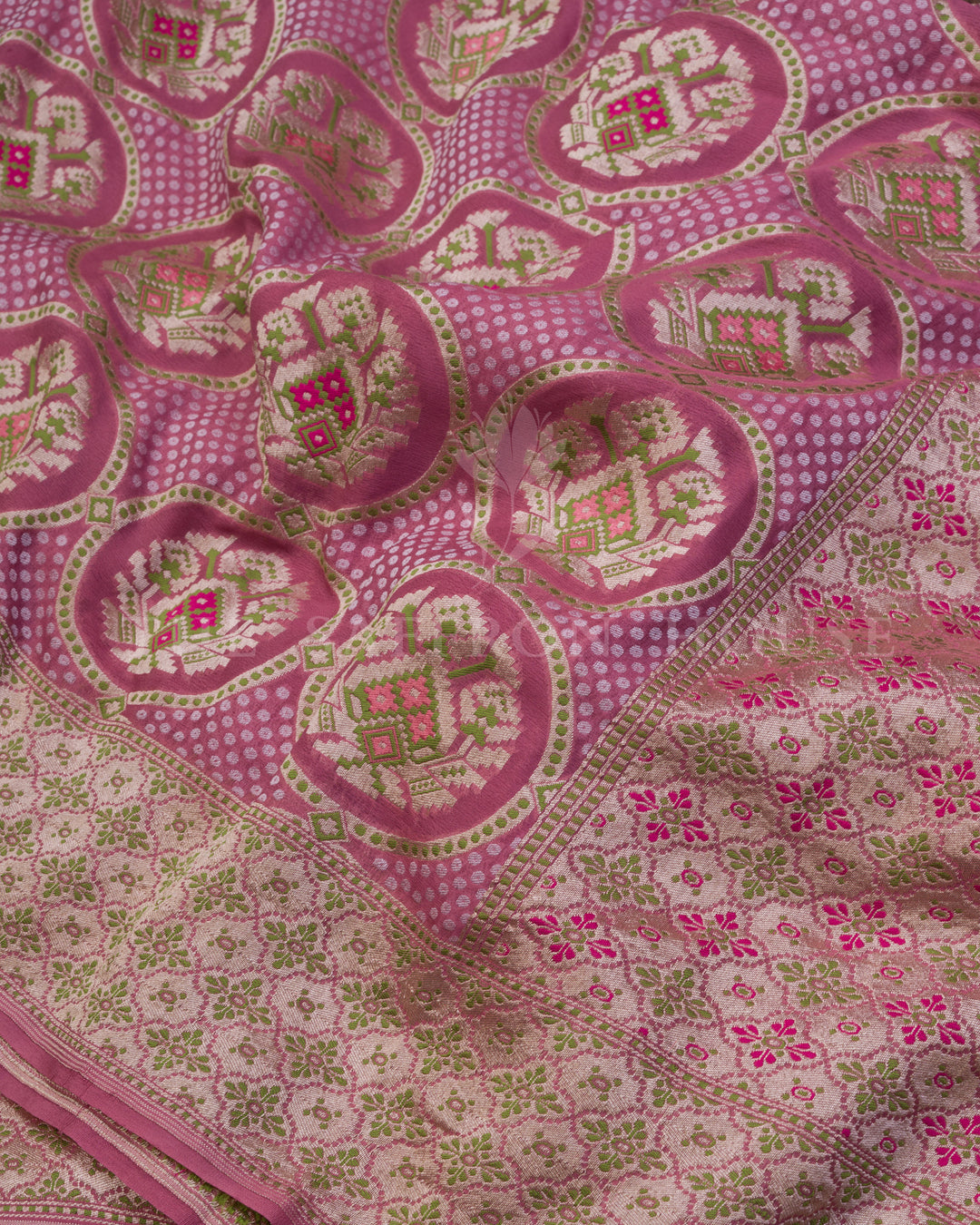Rose Pink Kadwa Khaddi Georgette Saree with Meenakari Floral Medallions