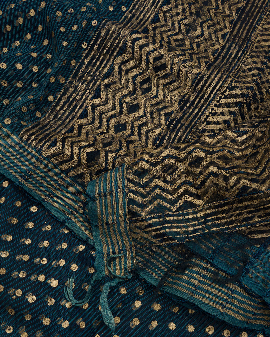 Blue Handwoven Tussar Organza Saree With Golden Zari Stripes - TSH2506079-view4