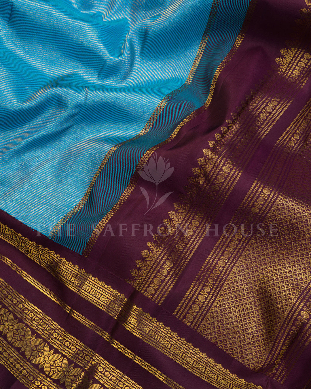 Sky Blue Kanchivaram Silk Saree with Burgundy Gold Zari Border