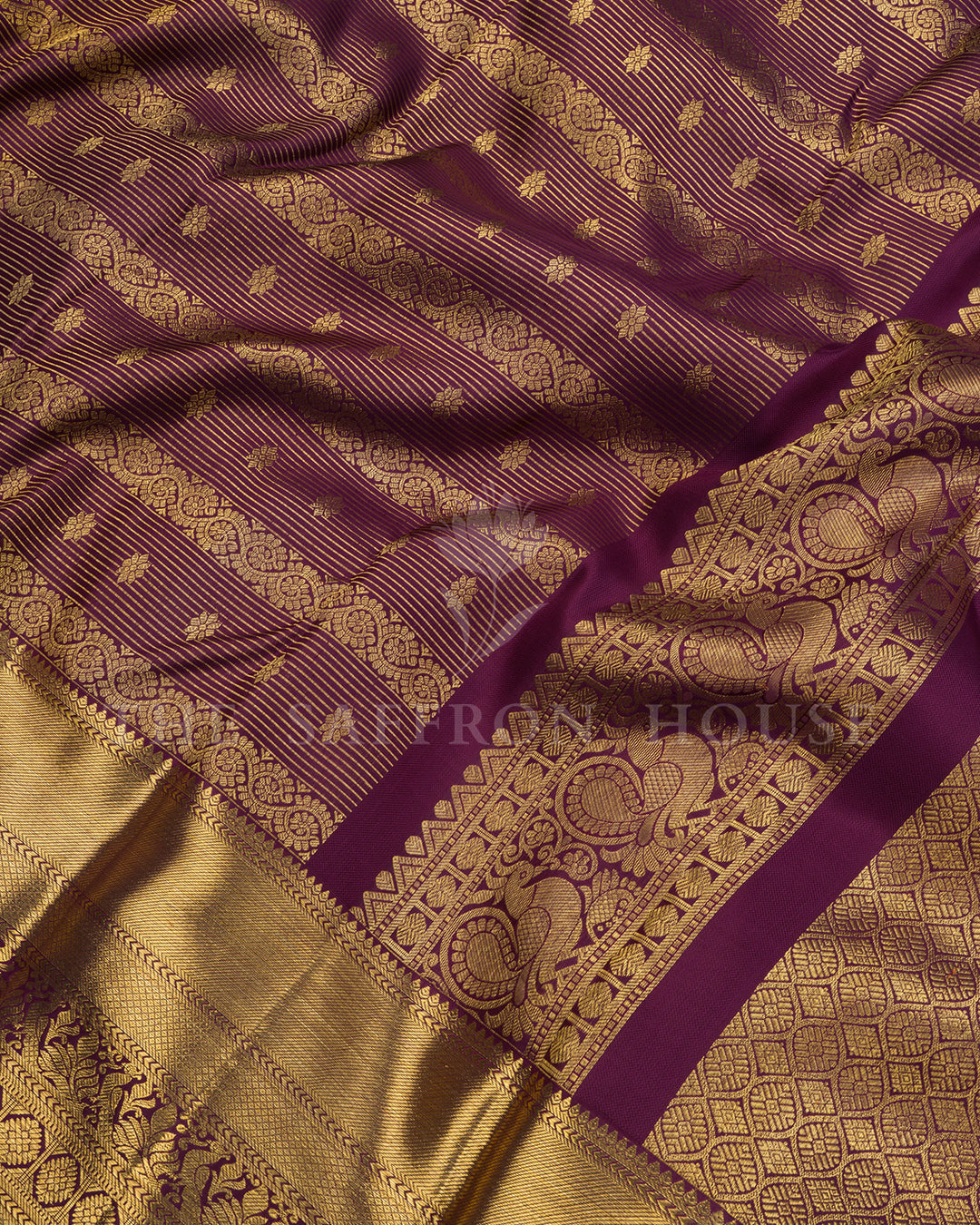 Purple Kanchivaram Silk Saree with Gold Zari Peacock Border
