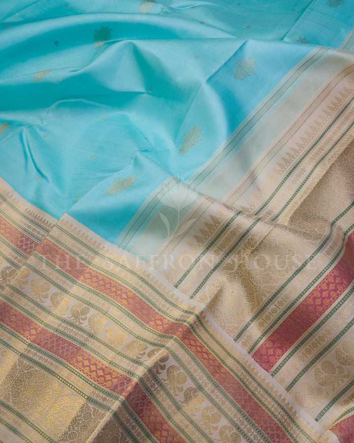 Handloom Pure Kanjivaram Silk Saree in Sky Blue And Beige - TSH250059