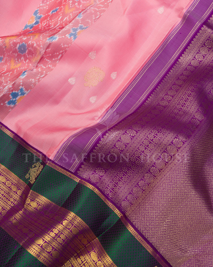 Pink Ikat Print Kanchivaram Silk Saree with Green Zari Peacock Border