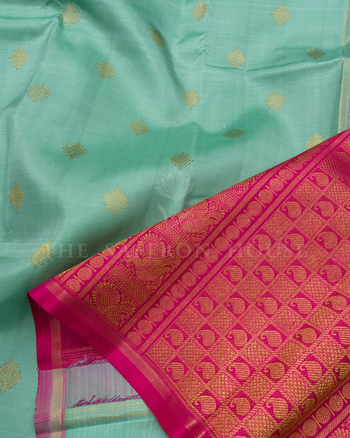Pastel Mint Green And Pink Handwoven Kanjivaram Silk Saree - TSH2506232