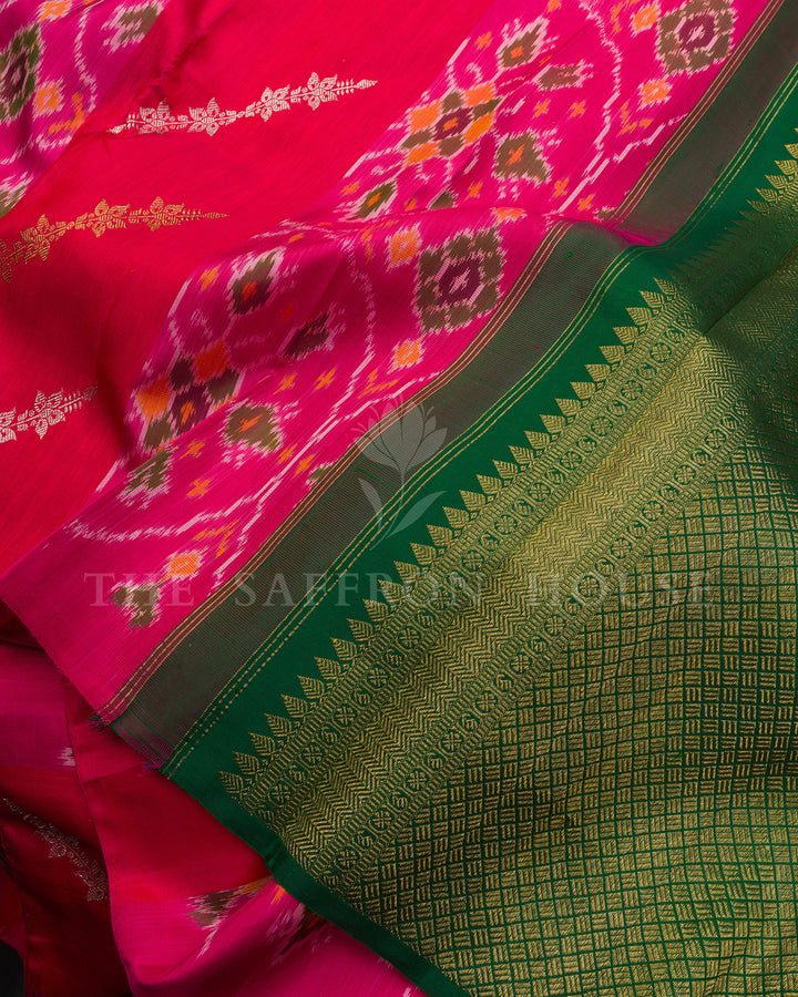 Pink & Red Ikat Print Kanchivaram Silk Saree with Green Zari Pallu