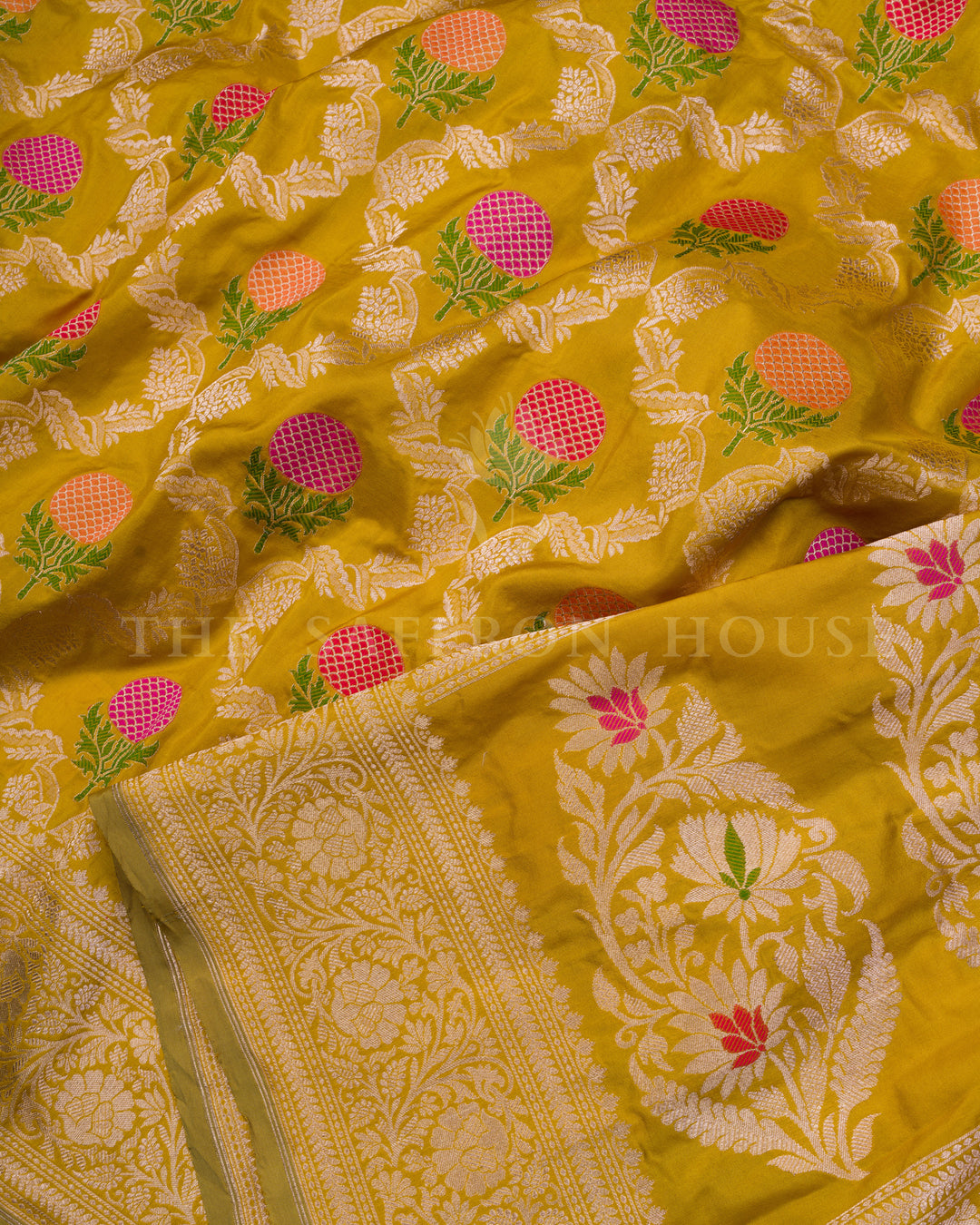Kathan Banarasi Silk Saree in Mustard with Meenakari Marigold Motifs & Floral Jaal - TSH250230