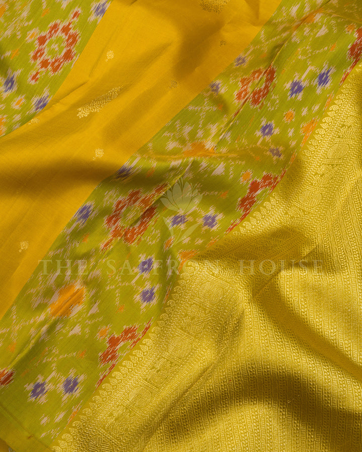 Green & Yellow Ikat Print Kanchivaram Borderless Silk Saree