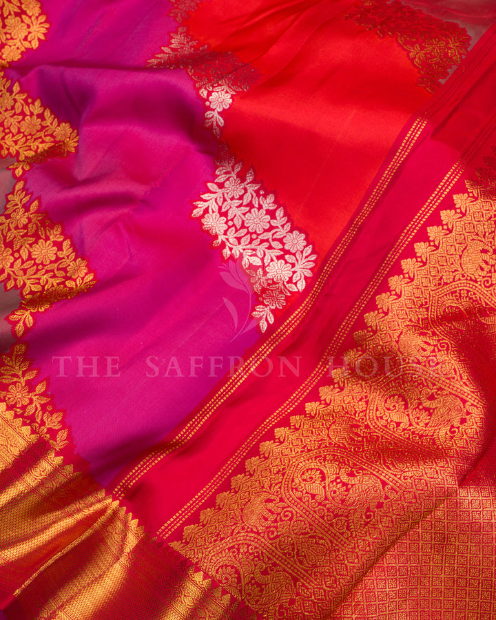 Multicolor Shot-Silk Kanchivaram Saree with Silver-Gold Floral Clusters