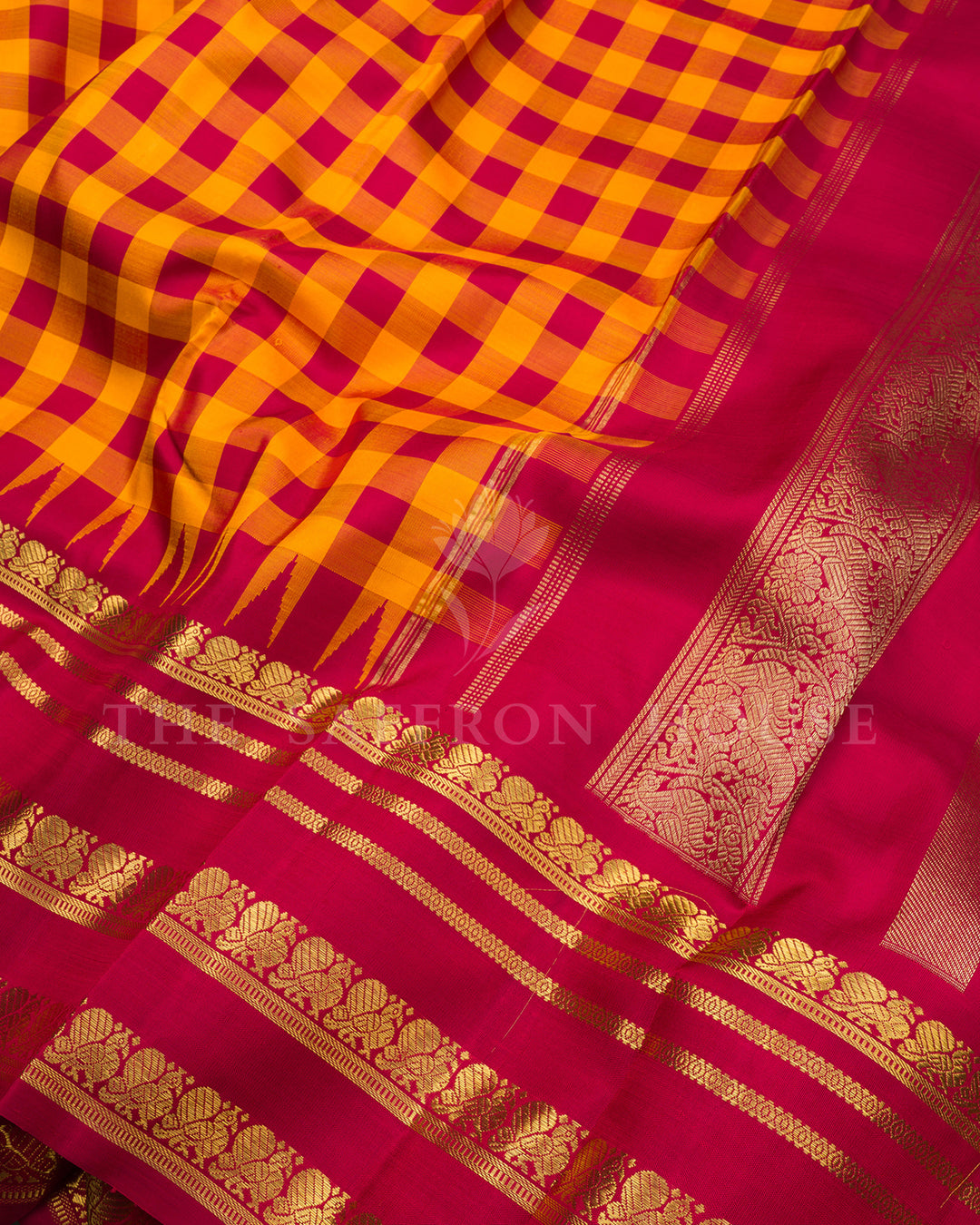 Mustard & Red Checked Kanchivaram Silk Saree with Gold Zari Border