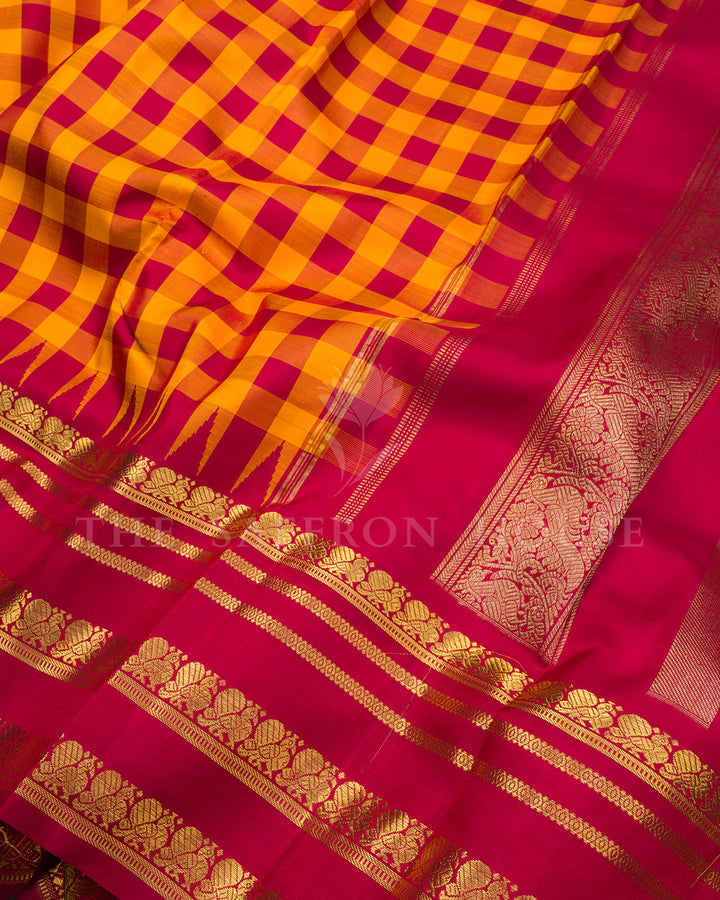 Mustard & Red Checked Kanchivaram Silk Saree with Gold Zari Border