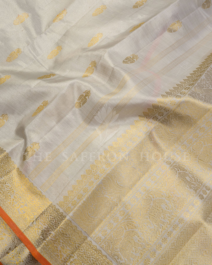 White Tissue Kanchivaram Silk Saree with Gold Zari Elephant Border