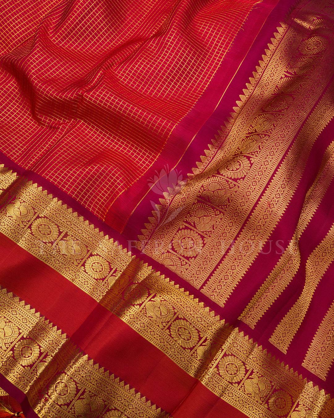 Crimson Red Kanchivaram Silk Saree with Gold Zari Checks & Temple Border