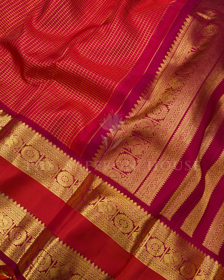 Crimson Red Kanchivaram Silk Saree with Gold Zari Checks & Temple Border