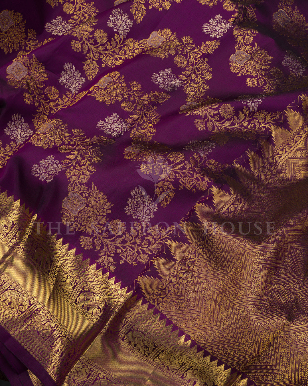 Deep Purple Kanchivaram Silk Saree with Gold Zari Floral Weave & Elephant Border
