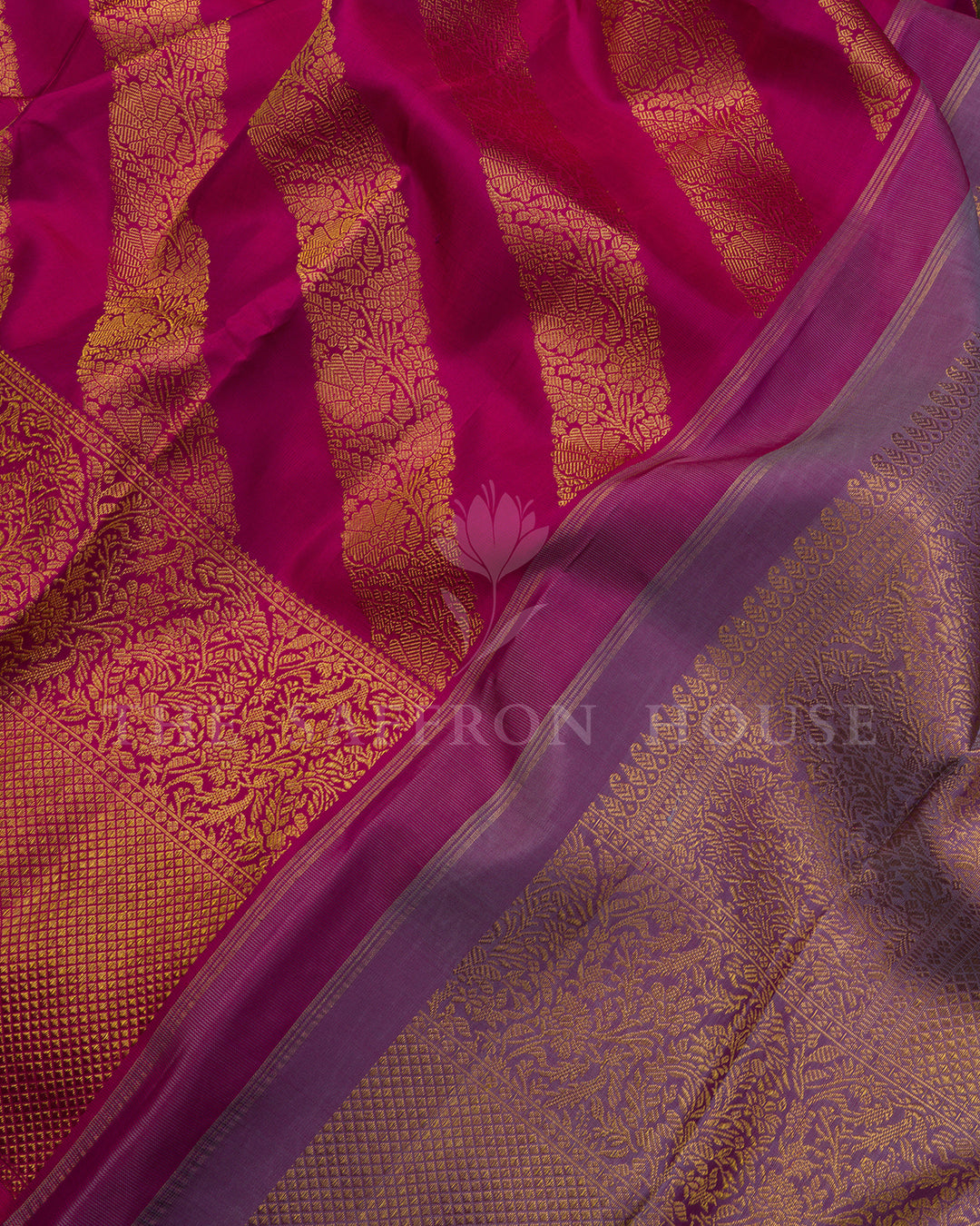 Magenta Kanchivaram Silk Saree with Diagonal Zari Floral Stripes & Lavender Contrast Pallu