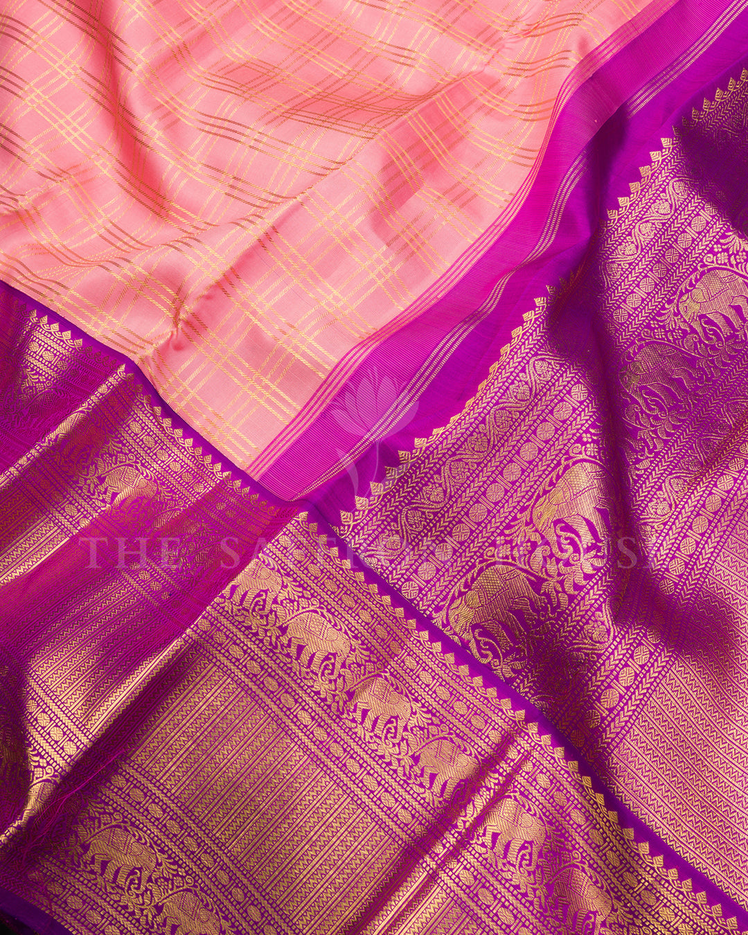 Pink Kanchivaram Silk Saree with Gold Zari Checks & Purple Elephant Border