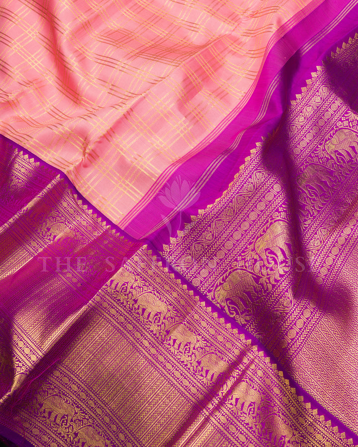 Pink Kanchivaram Silk Saree with Gold Zari Checks & Purple Elephant Border