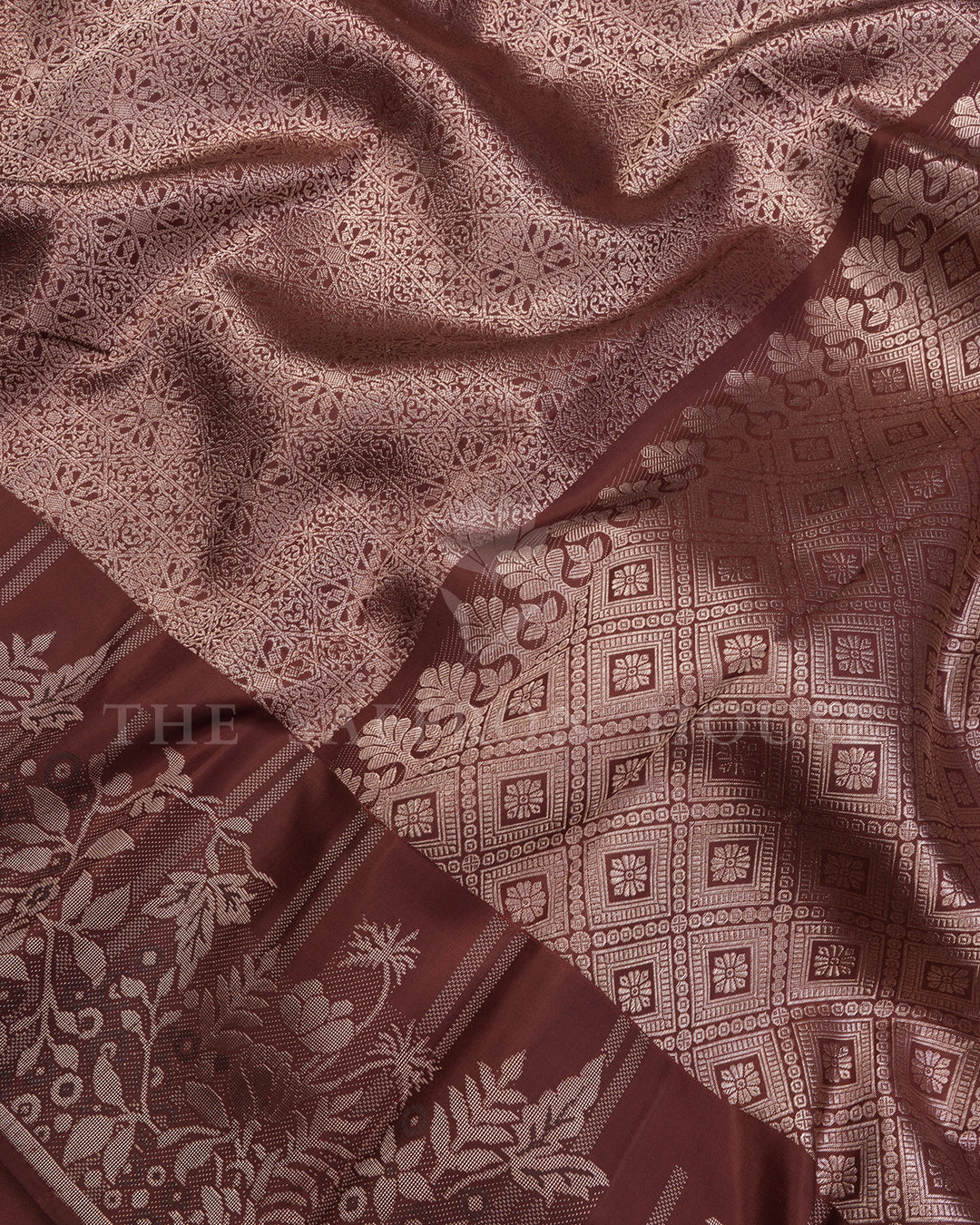 Maroon Kanchivaram Silk Saree with Silver Zari Diamond Jaal Weave & Floral Vine Border