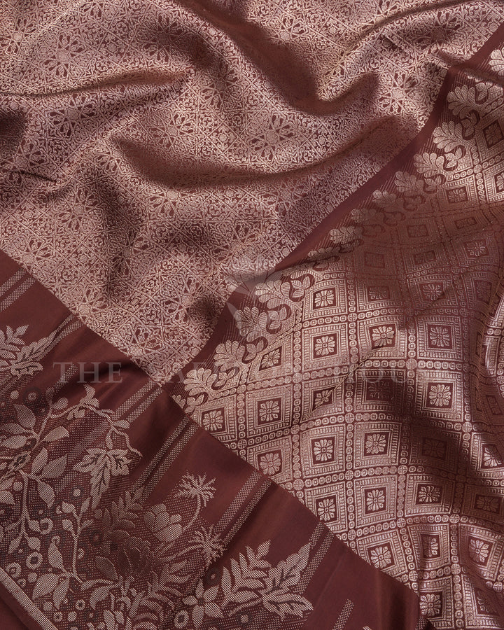 Maroon Kanchivaram Silk Saree with Silver Zari Diamond Jaal Weave & Floral Vine Border