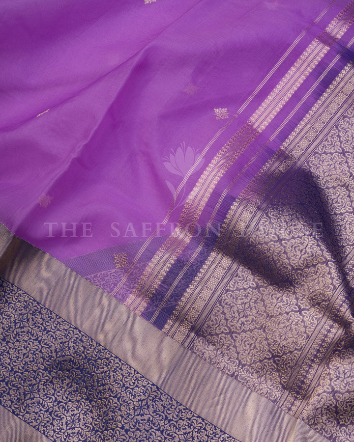 Violet Kadwa Banarasi Kora Organza Saree with Navy Meenakari Brocade Border