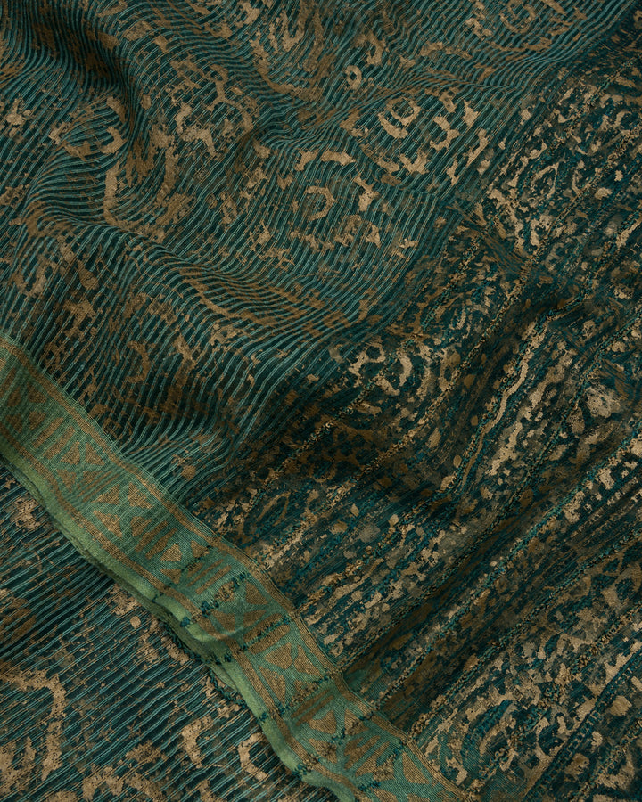 Light Sea Green Handwoven Tussar Organza Saree With Golden Zari Stripes - TSH2506073-view4