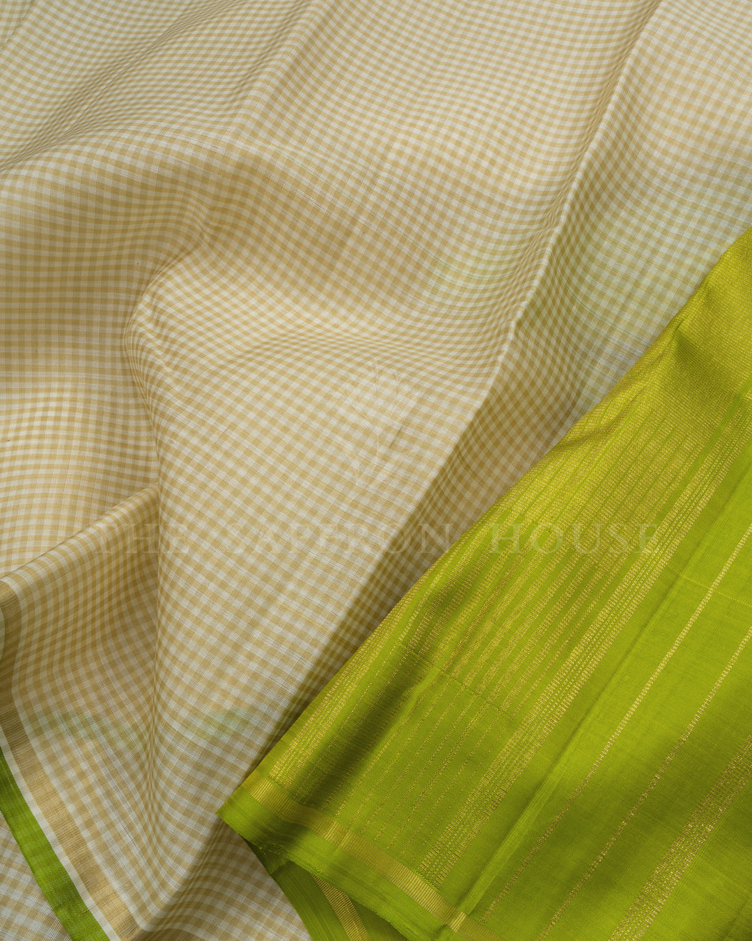 Beige Checkered Parrot Green Handwoven Kanjivaram Silk Saree - TSH2506230