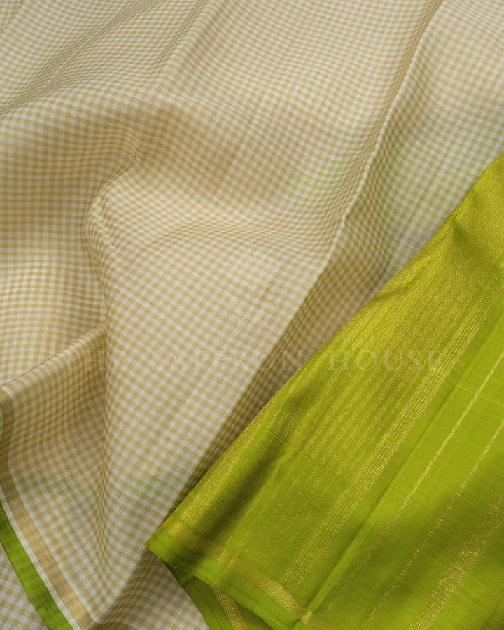 Beige Checkered Parrot Green Handwoven Kanjivaram Silk Saree - TSH2506230