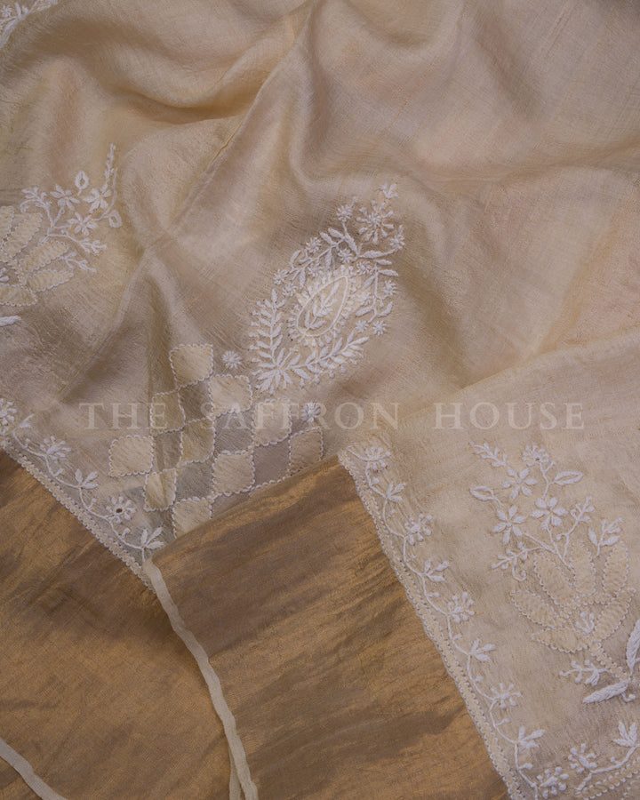 Beige Tussar Silk Chikankari Saree with Hand-Embroidered Paisley Motifs