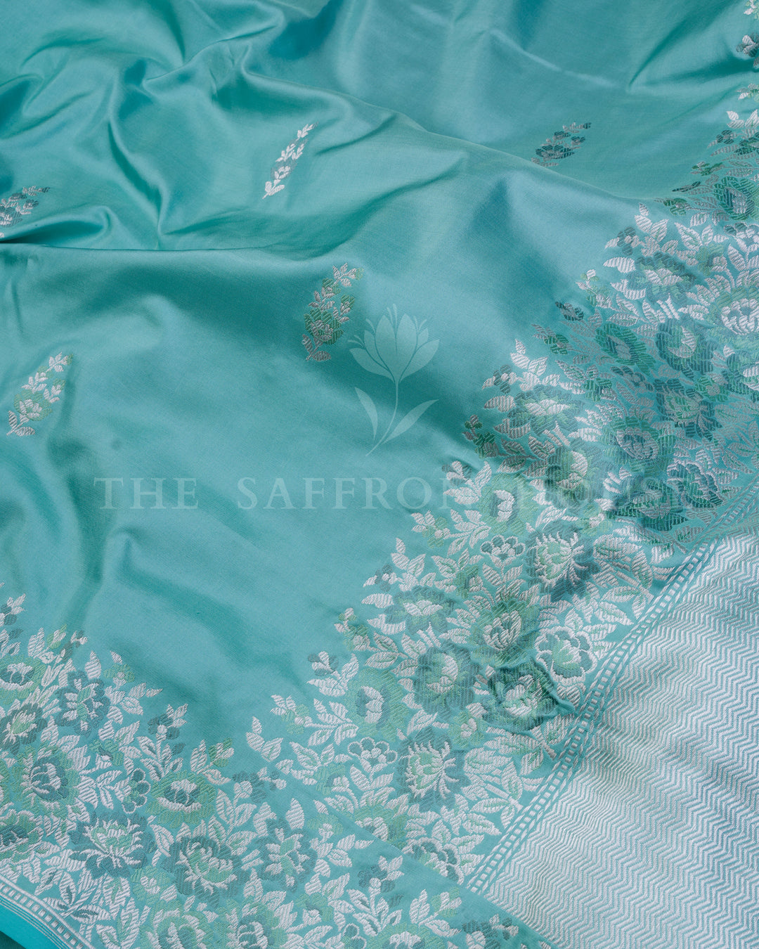 Kathan Banarasi Silk Saree in Seafoam Blue with Silver Zari Floral Meenakari Jaal