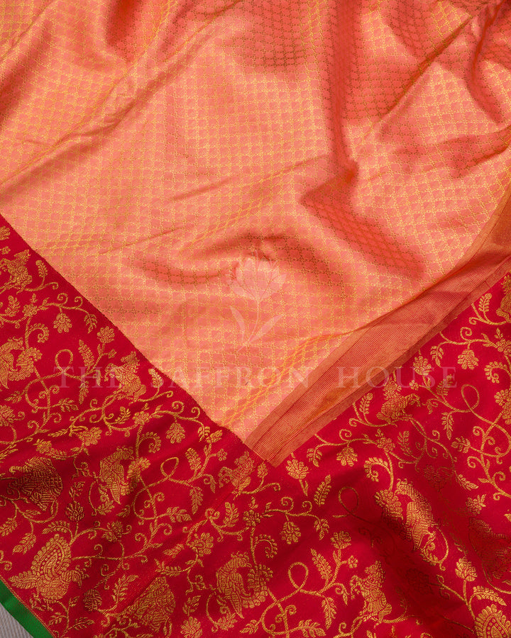 Peach Kanchivaram Silk Saree with Gold Zari Diamond Check Weave & Red Shikargah Border