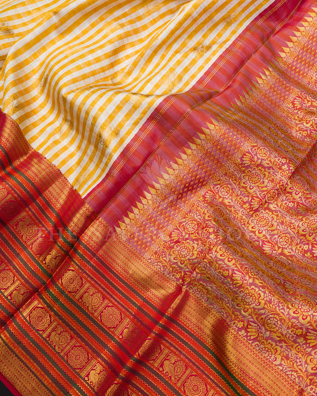 Yellow-White Checkered Kanchivaram Silk Saree with Maroon Temple Border & Floral Pallu