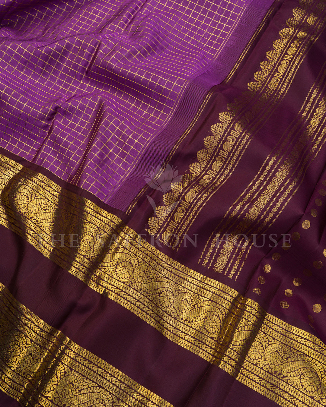 Lavender & Maroon Kanchivaram Silk Saree with Gold Zari