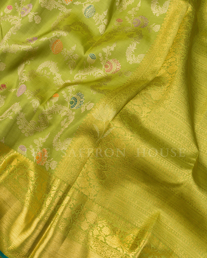 Lime Green Kanchivaram Silk Saree with Multicolor Meenakari Floral Vine Weave & Gold Zari Border