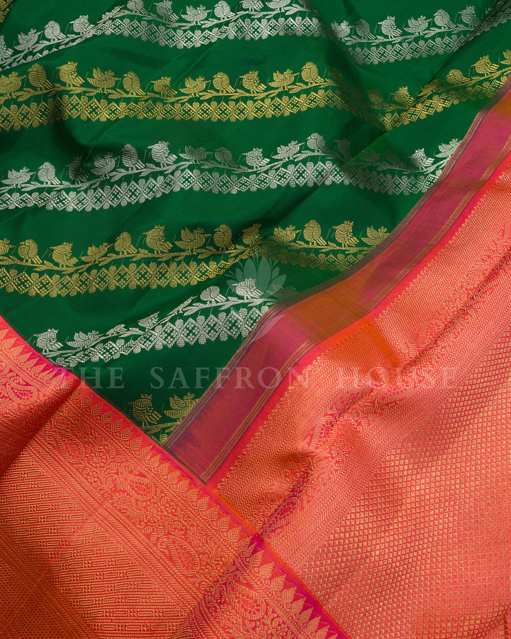 Bottle Green & Peach Kanchivaram Silk Saree