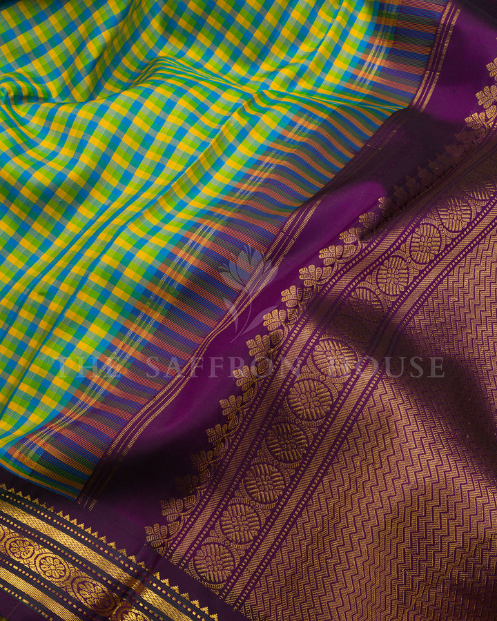 Multicolor Checkered Kanchivaram Silk Saree with Purple Zari Medallion Border