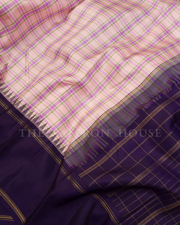 Pink Checkered Kanchivaram Silk Saree with Purple Zari Border & Temple Edge
